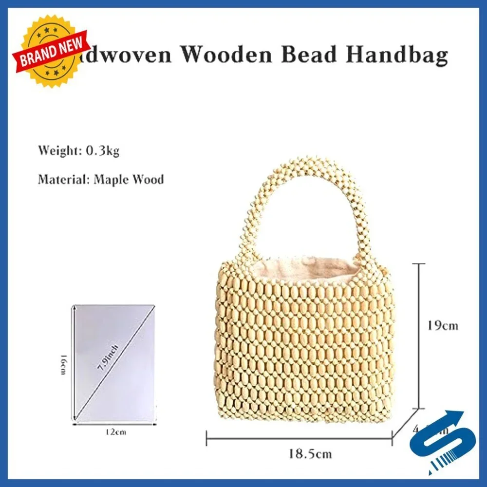 Handwoven Wooden Bead Tote Bag Boho Mini Drawstring Clutch Beach Bag